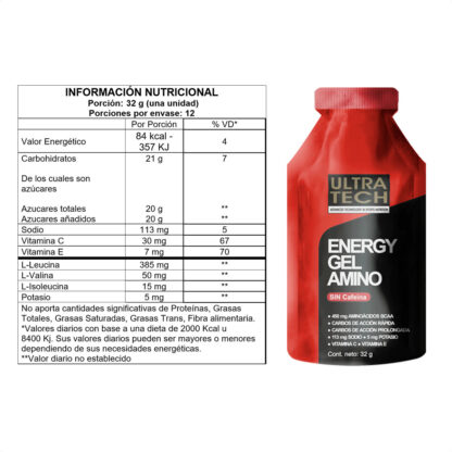UltraTech Nutrition Energy Gel AMINO Caja X12 (Frutilla - Sin Cafeína) - Image 2