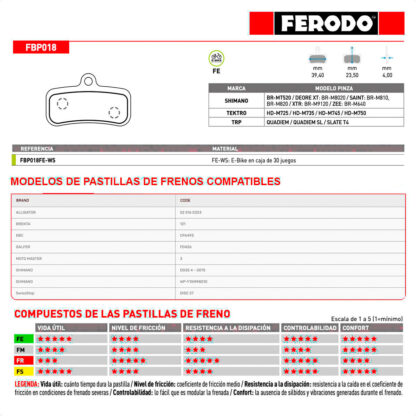 Pastillas Freno a Disco Ferodo FBP018FE-WS E-Bikes Para Shimano "D" 4 Pistones (x30 Pad Sets) - Image 3