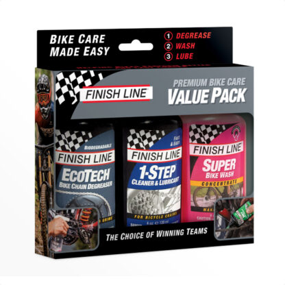 Kit Lubricacion y Limpieza Cadena Finish Line Premium Bike Care Value Pack (EcoTech + 1-Step Cleaner & Lubricant + Super Bike Wash 120ml)